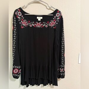 Style & Co Black Embroidered Boho Peplum Blouse Size L